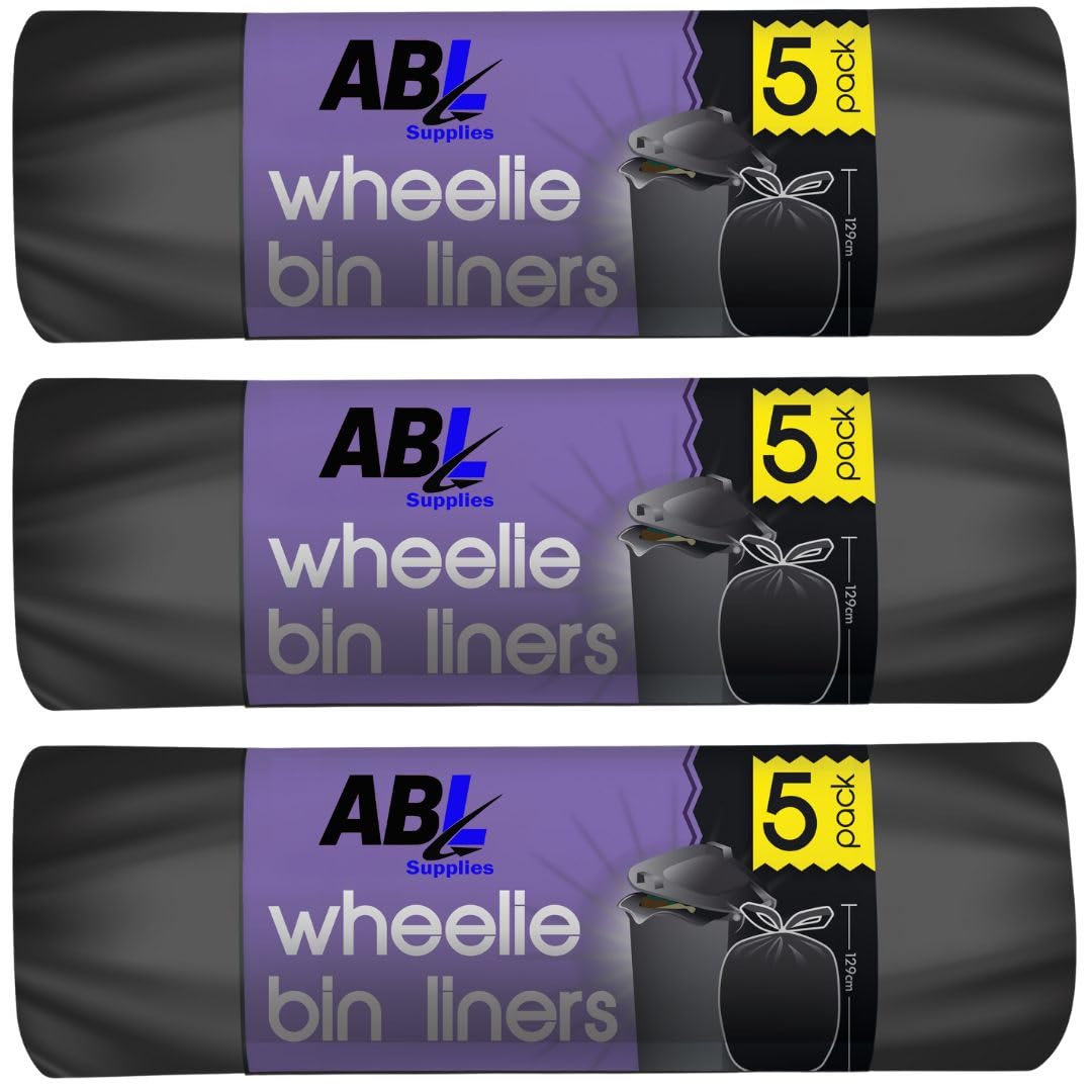 Heavy Duty Wheelie Bin Liners 240L (Pack of 3 x 5 Rolls) – Extra Strong Black Bin Bags – Thick Refuse Sacks for Wheelie Bins & Large Outdoor Bins, Tough Rubbish Bin Liners (129cm)