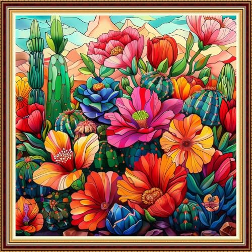 Image of Fanxvivy Stamped Counted Cross Stitch Kits for Adults Printed Cross-Stitch Patterns 11CT Stamped or Counted Cross Stitching Embroidery Kit Needlepoint Kits-Colorful Flowers Succulent Plants 18x18 inch