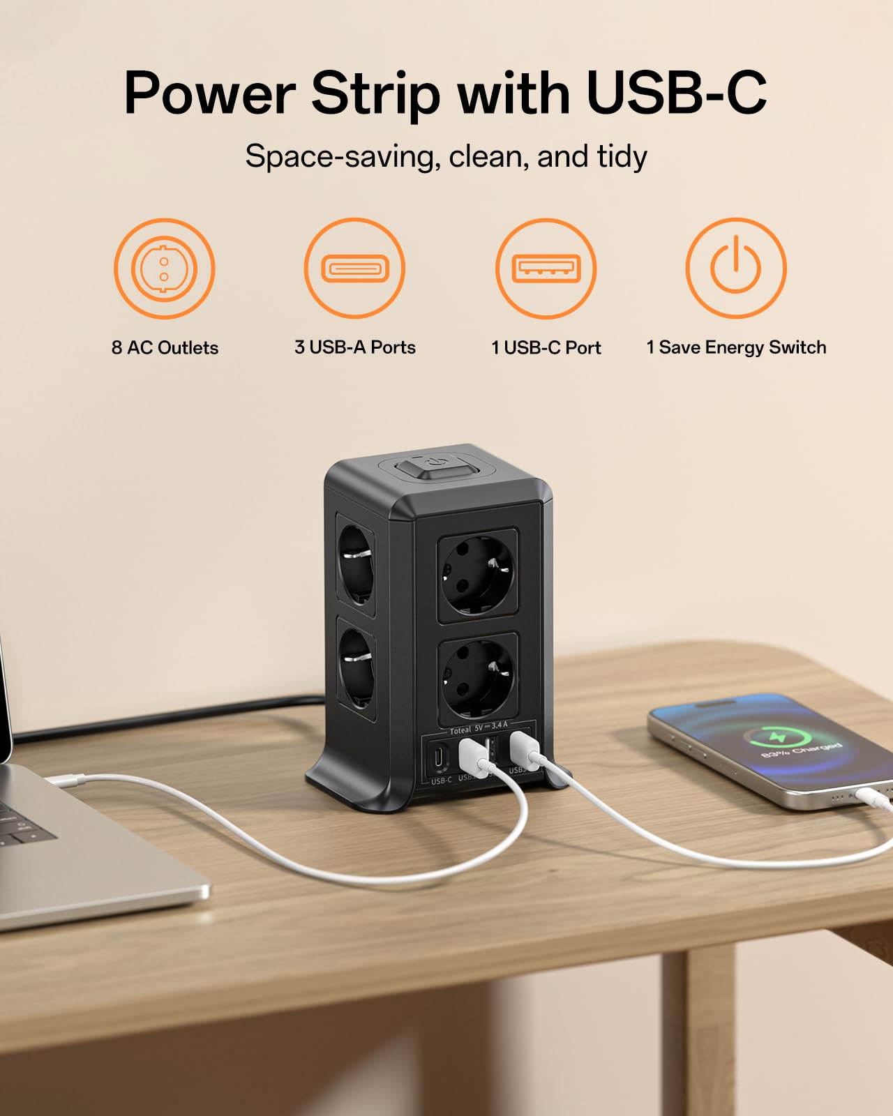 Multiprise avec Interrupteur, Multiprise Parafoudre et Surtension with 8 Sortie AC and 4 USB Ports, pour Le Bureau, Salon, Chambre à Coucher