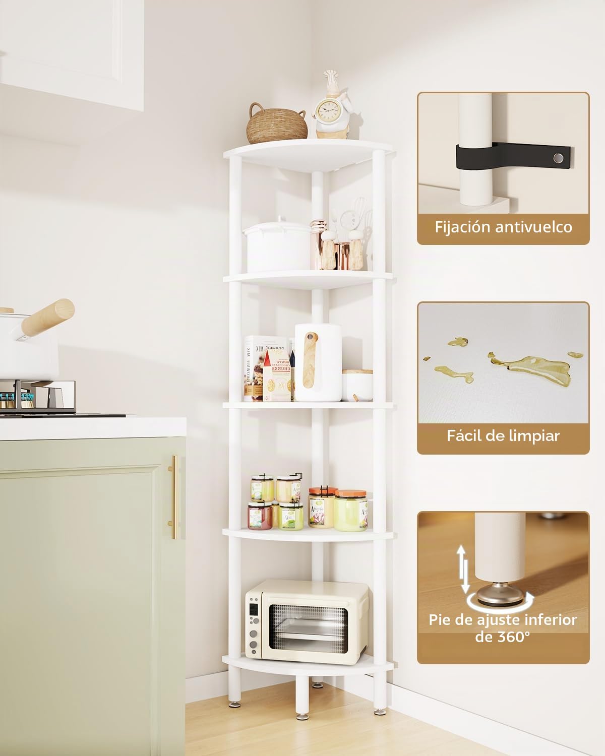IBUYKE 5 Tier Corner Shelf Stand,Industrial Corner Display Rack,Corner Bookshelf for Living Room, Bedroom, Kitchen, Home Office, White WBC010W
