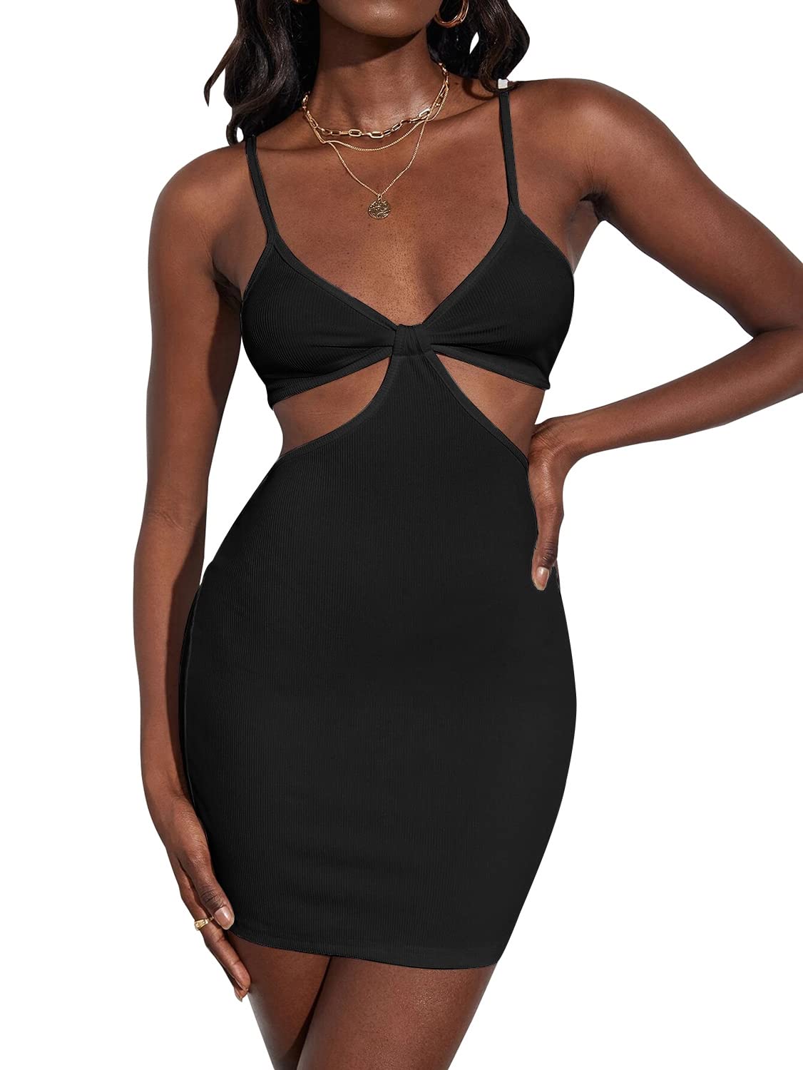 VNVNE Sexy Cut Out Mini Dress for Women, Backless Spaghetti Strap Bowknot Club Bodycon Dress