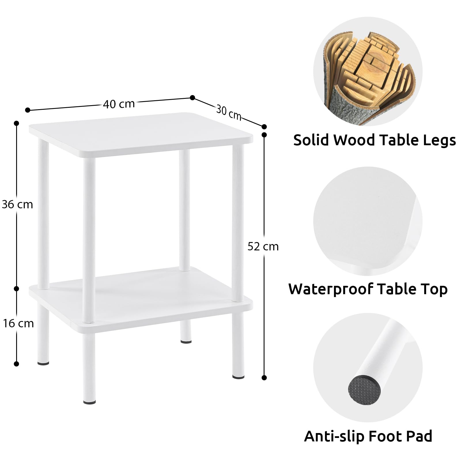APICIZON 2 Tier Mesita Auxiliar, Mesa Auxiliar Salon, Mesita de Noche Estrecha con Espacio de Almacenamiento, 40x30x52cm, Mesita Auxiliar Pequeña para Dormitorio, Balcón, Sala de Estar, Weiss