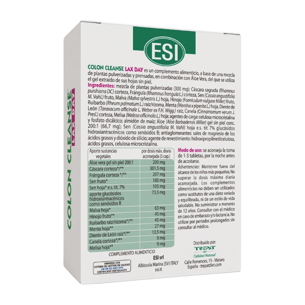 Colon Cleanse Lax Day de ESI | Complemento alimenticio en tabletas para el tránsito intestinal | Con aloe vera, sen, cáscara sagrada y malva
