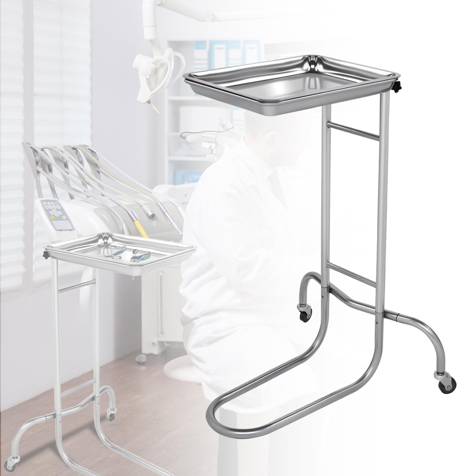 Mayo Instrument Stand, Mobile Rolltisch für Zahnmedizin, Veterinärmedizin, Haustierkliniken Zubehör - Verstellbare Höhe 35 "-51" Doppelposten Dienstwagen mit Lift-Out-Tray (A)