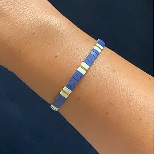 Miniatura 3 de Navy Blue 7 inch Tile Beaded Stretch Bracelet with Nautical Gold Tila Beads