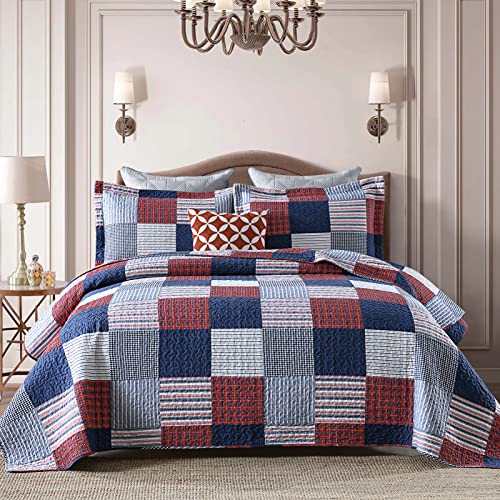 Image of Finlonte Quilts Queen Size - 100% Cotton Queen Comforter Set Blue Red White Plaid Farmhouse Quilt Bedding Set, Reversible Lightweight Soft Bedspread, Quilted Coverlet All-Season, 3-Piece
