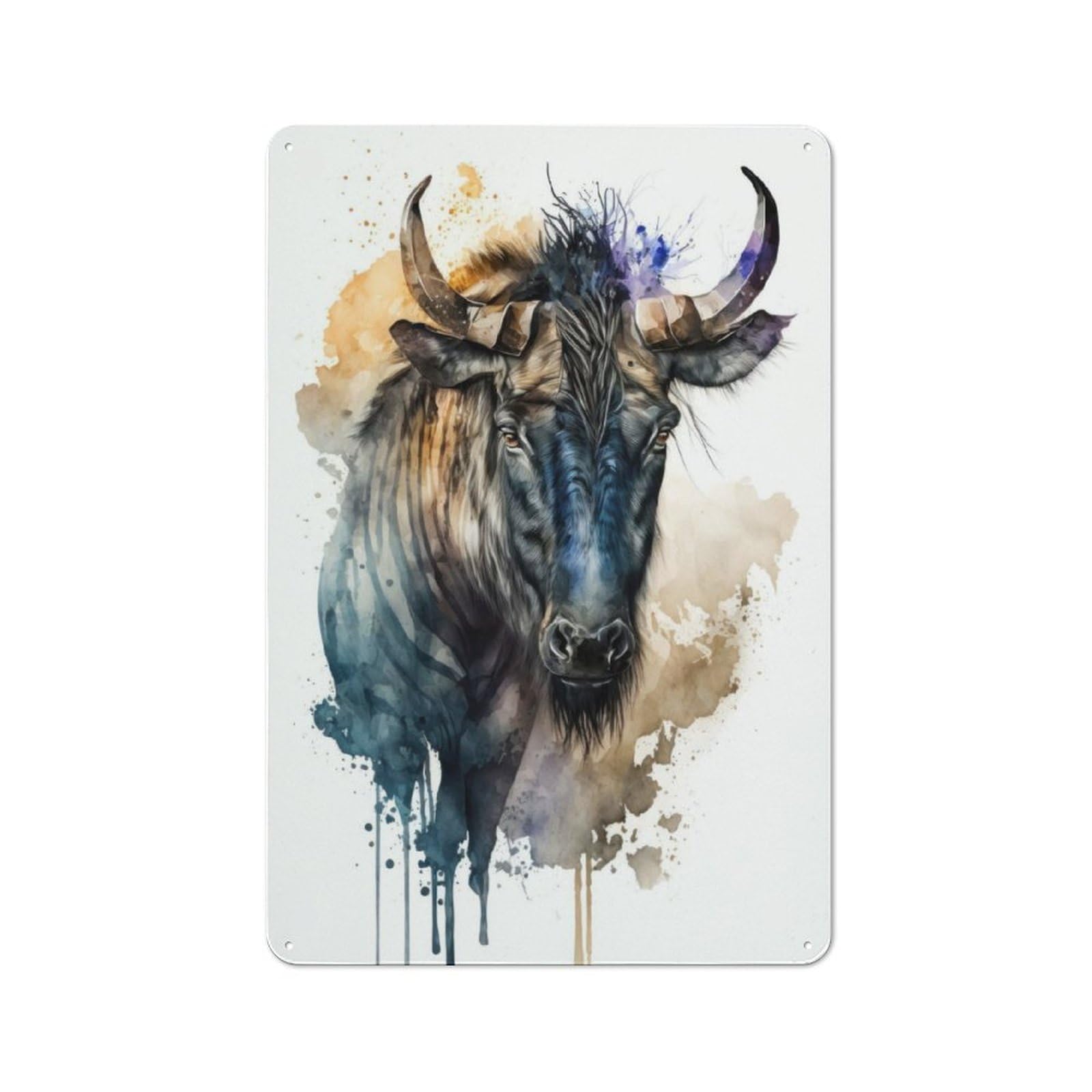 Junmoney Wildebeest In Watercolor Tin Sign 30X20cm With For Workshop Wall, Vintage Decor, For Metal Sign Collectors, For Garage And Workshop Walls