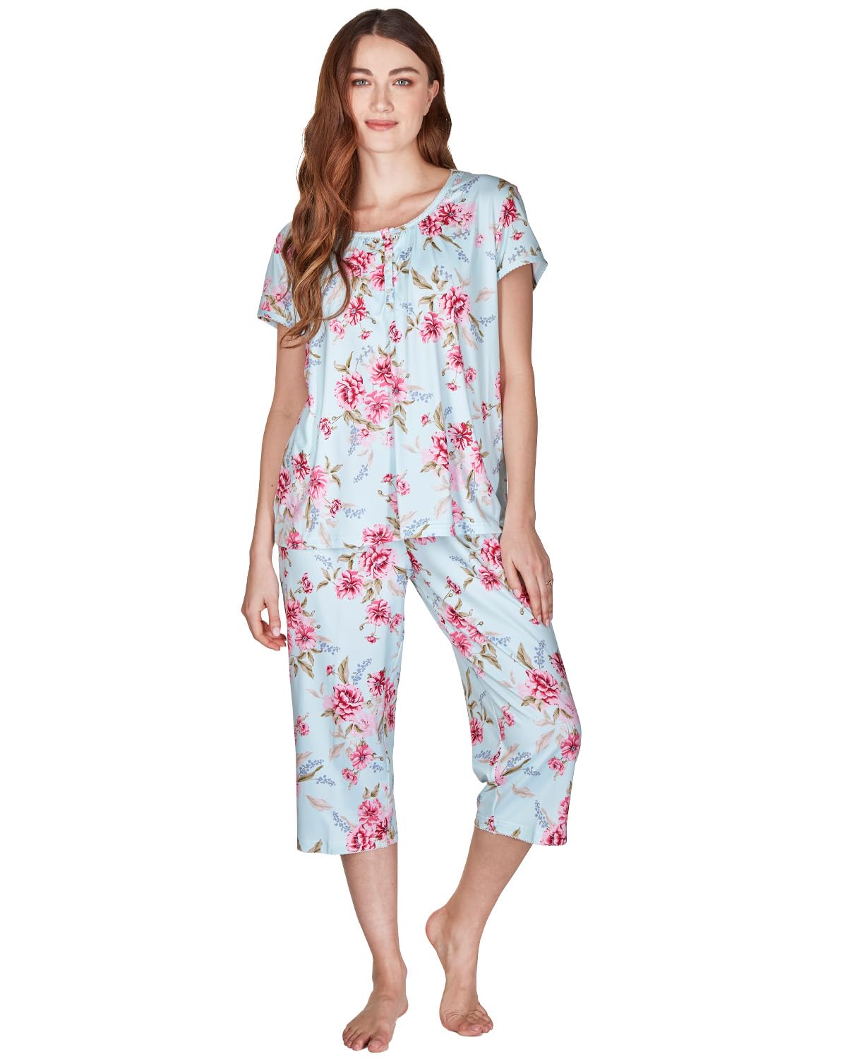 Slumber Hut Women's Aqua 'Pink Rose' Short Sleeve Cropped Pyjamas 45312 M-L