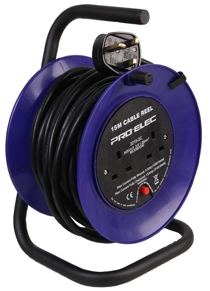 Pro Elec 2 Gang Mini Mains Extension Cable Reel, 15M