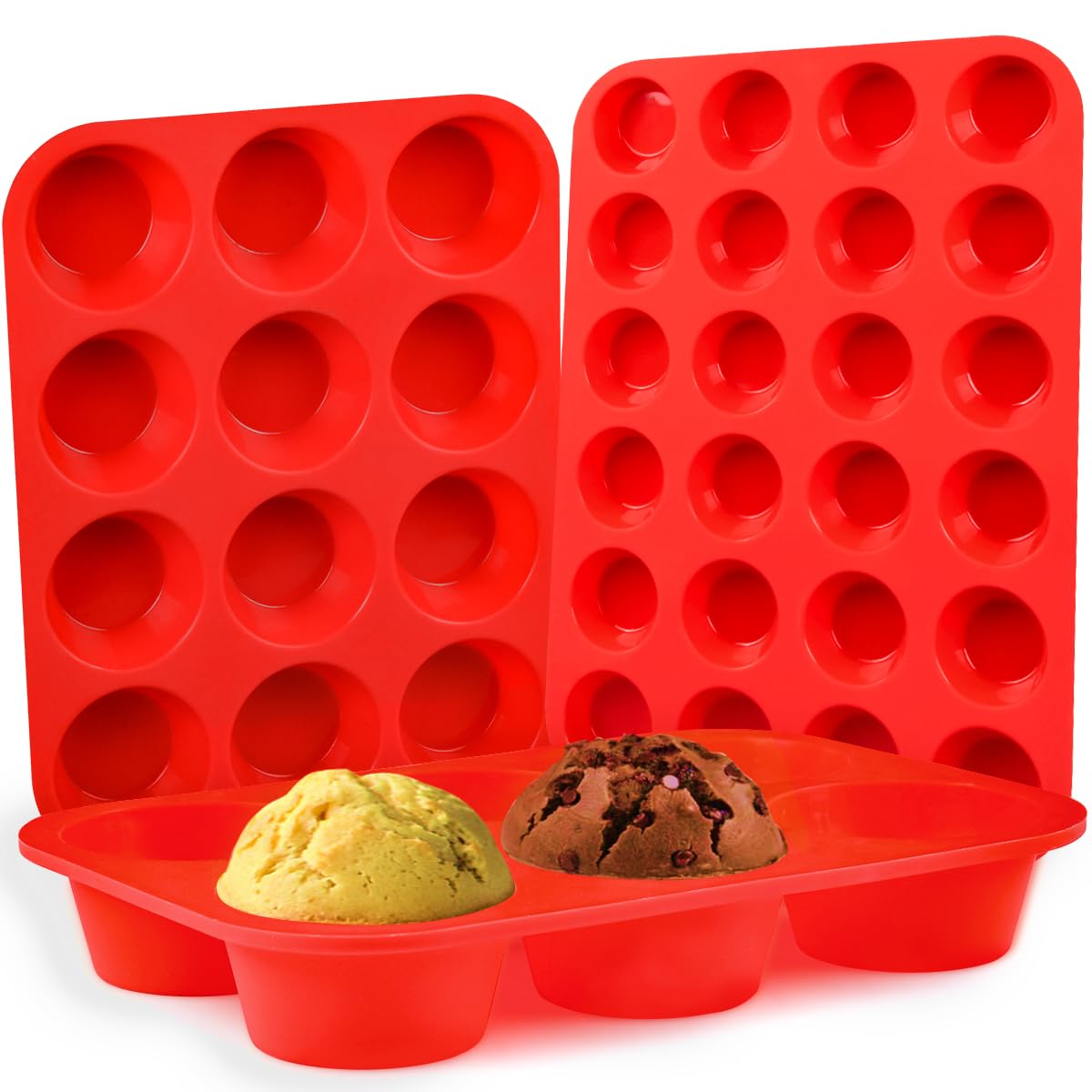CAKETIME Silikon-Muffinform - Mini 24 Förmchen, normale 12 Förmchen, Ei Muffinform, große 6 Muffinförmchen, BPA-frei, 3er-Set