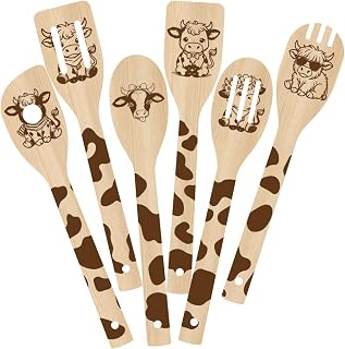 6 Pcs 6 Styles Cow Kitchen Utensils Set for Kitchen 6x30cm Bamboo Durable Utensils, Cute Kitchen Wooden Spoons for Housewarming Wedding Anniversary Thanksgiving Birthday Gift Use