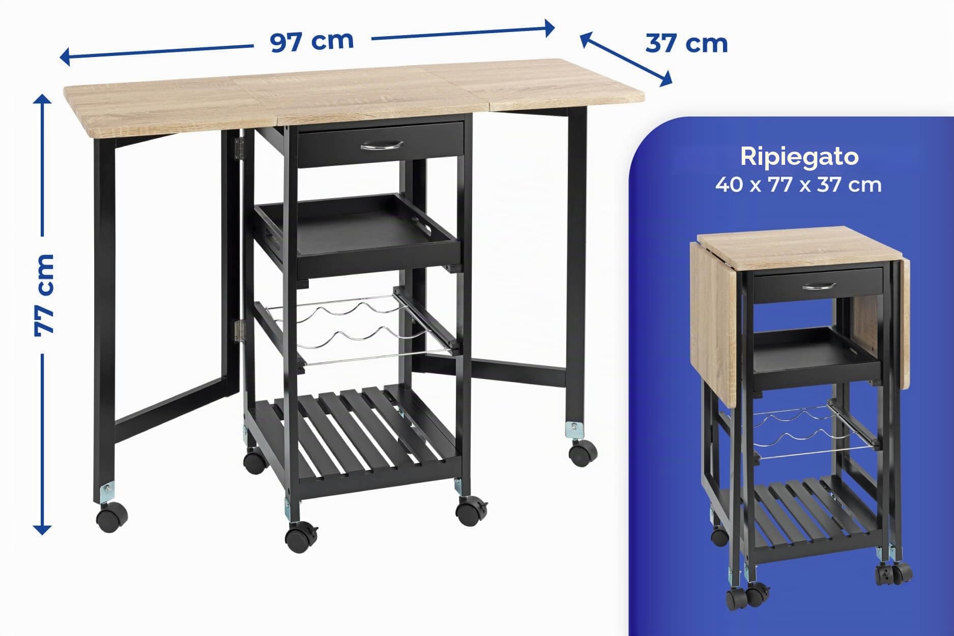 Maximex Carrello da cucina con ruote 97 x 77 x 37 cm, carrello da portata arrotolabile con pannelli laterali pieghevoli e vassoio estraibile, carrello compatto con superficie di lavoro, cassetti e