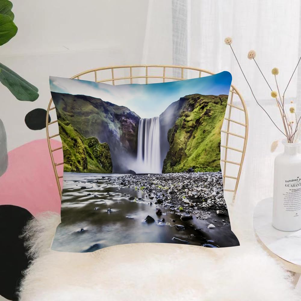 HYOSXW Cushion Cover,Throw Pillow Case Home Decorative for Living Room Bedroom Sofa Chair 16X16 Inch,Long exposure of famous Skogafoss waterfall in Iceland at dusk.,Pillowcase 40X40cm
