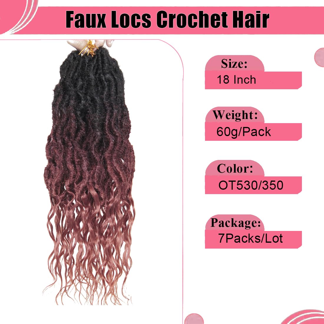 Faux Locs Crochet Hair 18 Inch Soft Locs 7Packs Boho Goddess Locs Crochet Hair with Curly Ends Pre-looped Crochet Locs for Black Women Dreadlock Synthetic Crochet Braids (OT530/350, 18Inch(Pack of 7))
