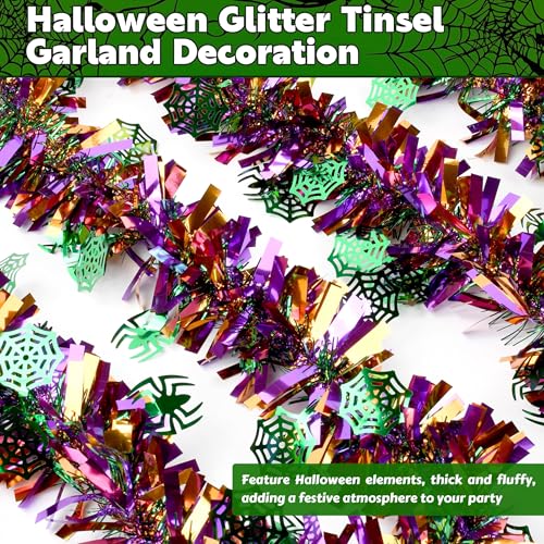 Image of 50 FT Halloween Tinsel Garland, Glitter Tinsel Garlands with Purple Green Spider and Web, Metallic Holiday Hanging Streamers for Halloween Party Supplies Indoor Outdoor Decor