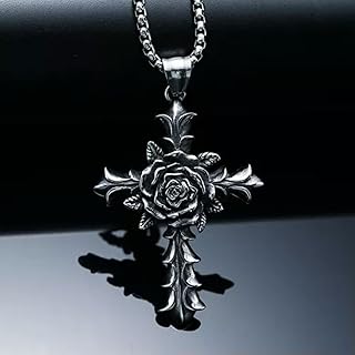 Collar para Hombre Hip Hop Punk Rose Cross de Acero Inoxidable Collar para Hombre-Colgante de Color Acero + Color Acero...