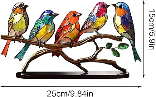 Miniatura 2 de Aves de vitrales en rama, adornos de escultura de pájaro plano de metal, atrapa el sol de pájaros de vidrieras hechas a mano, pequeño acrílico de