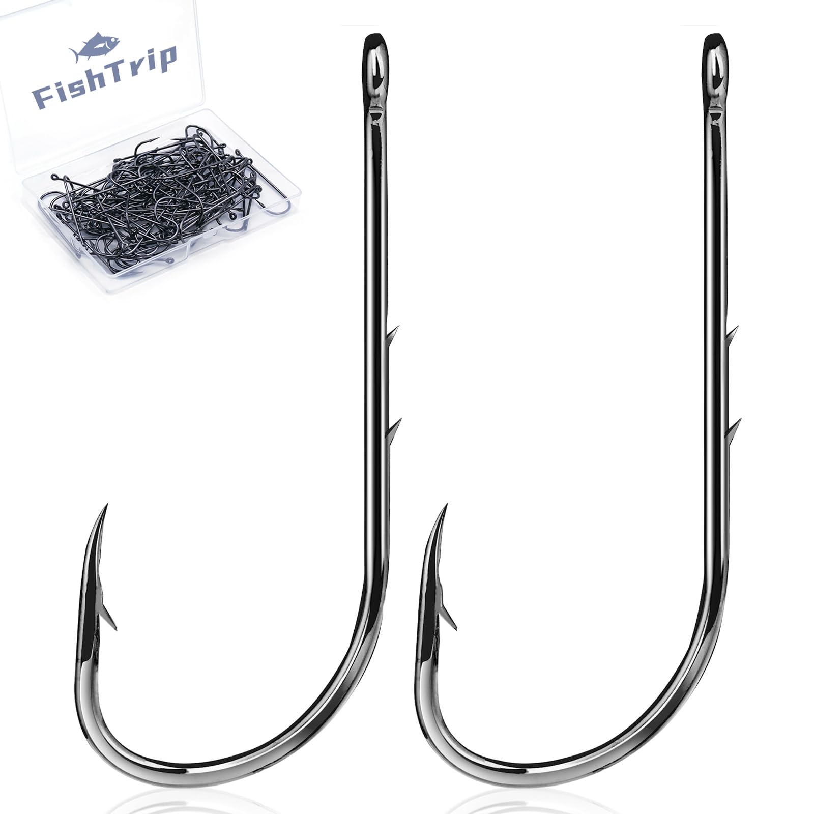 FishTrip Baitholder Hooks Fishing Offset- 100pcs Bait Holder Fish Hook Double Barbed/Long Shank/Closed Eye/Black for Fishing Rigs Freshwater Saltwater 6#