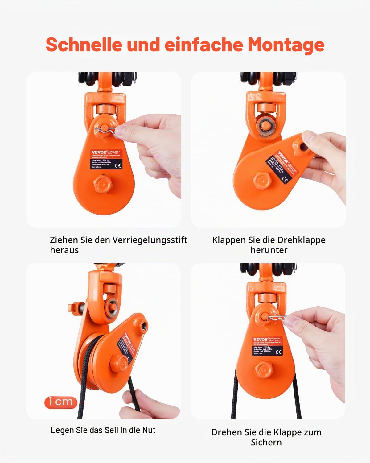 VEVOR 2-Tonnen-Umlenkrolle mit G80-Kette, drehbarem Schäkel, 74 mm Scheibe für 3/8-Zoll-Drahtseil, Forstseilwinde für Abschlepp-& Bergungsanwendungen auf Pritschenwagen, Rollback-Abschleppwagen