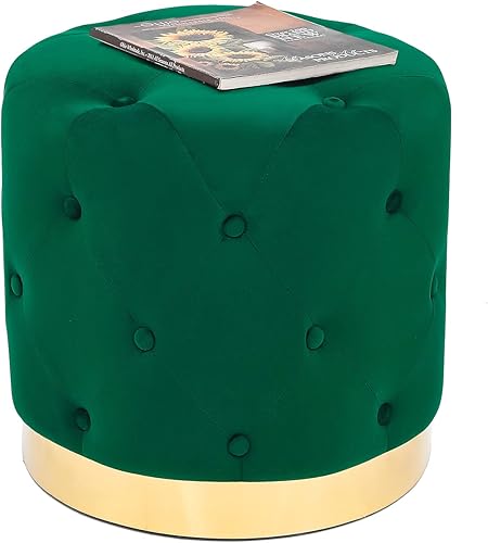 Miniatura 5 de Homebeez Taburete otomano redondo de terciopelo verde esmeralda de 177 pulgadas de ancho con ribete dorado taburete acolchado suave y compacto