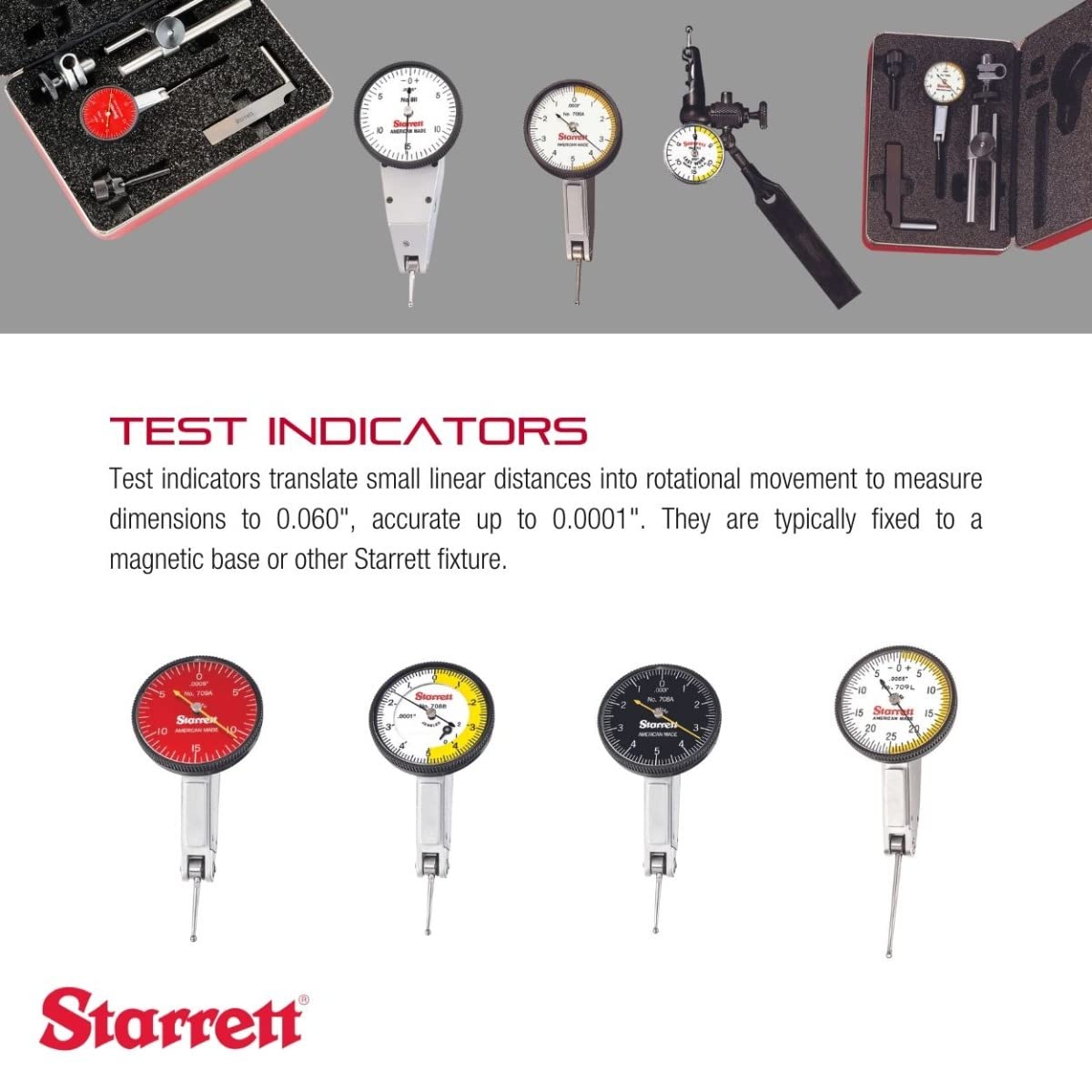 Starrett 708BZ - Indicador de prueba sin accesorios, esfera blanca, lectura de 0 – 5 – 0, diámetro de la esfera: 4 – 2 cm, graduación de 0,0001 pulgadas.