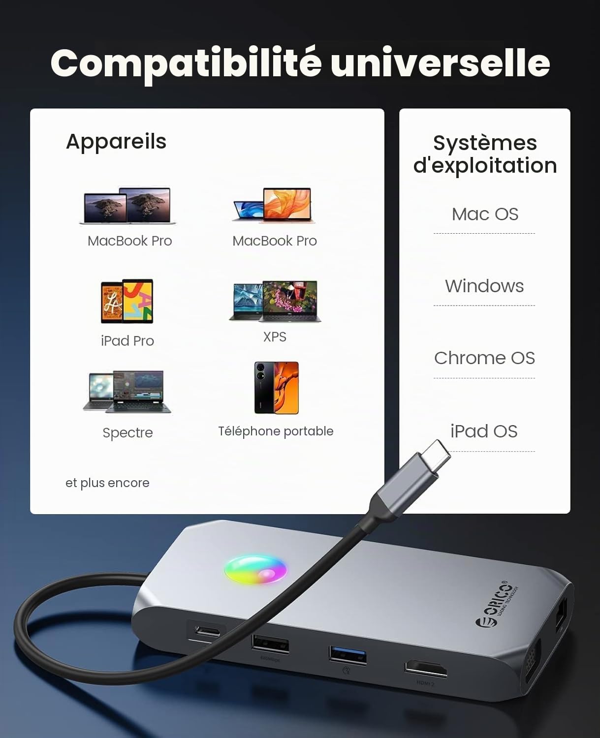 Station d'accueil USB C, ORICO 12 en 1 Hub USB C RVB, Adaptateur USB C avec HDMI 4K, 100W PD, RJ45, 4 Ports USB 3.0, Lecteur de Carte SD et microSD, 1080P VGA (Argent, avec RVB)