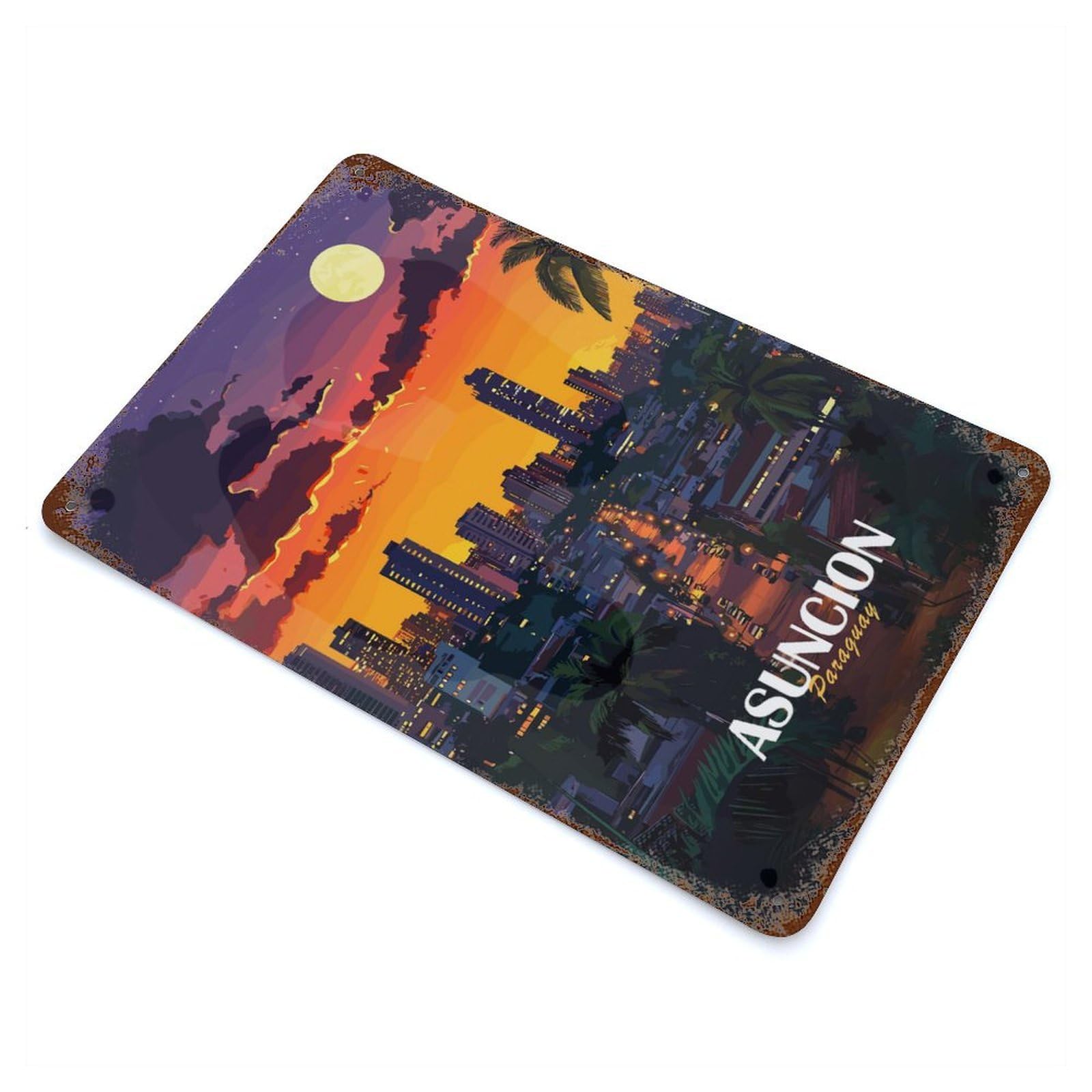 Asuncion, Paraguay Cityscape at Night 11.8"x7.9" Vintage Rust Metal Sign, Decorative Metal Wall Art for Farmhouse, Kitchen And Entryway Decor