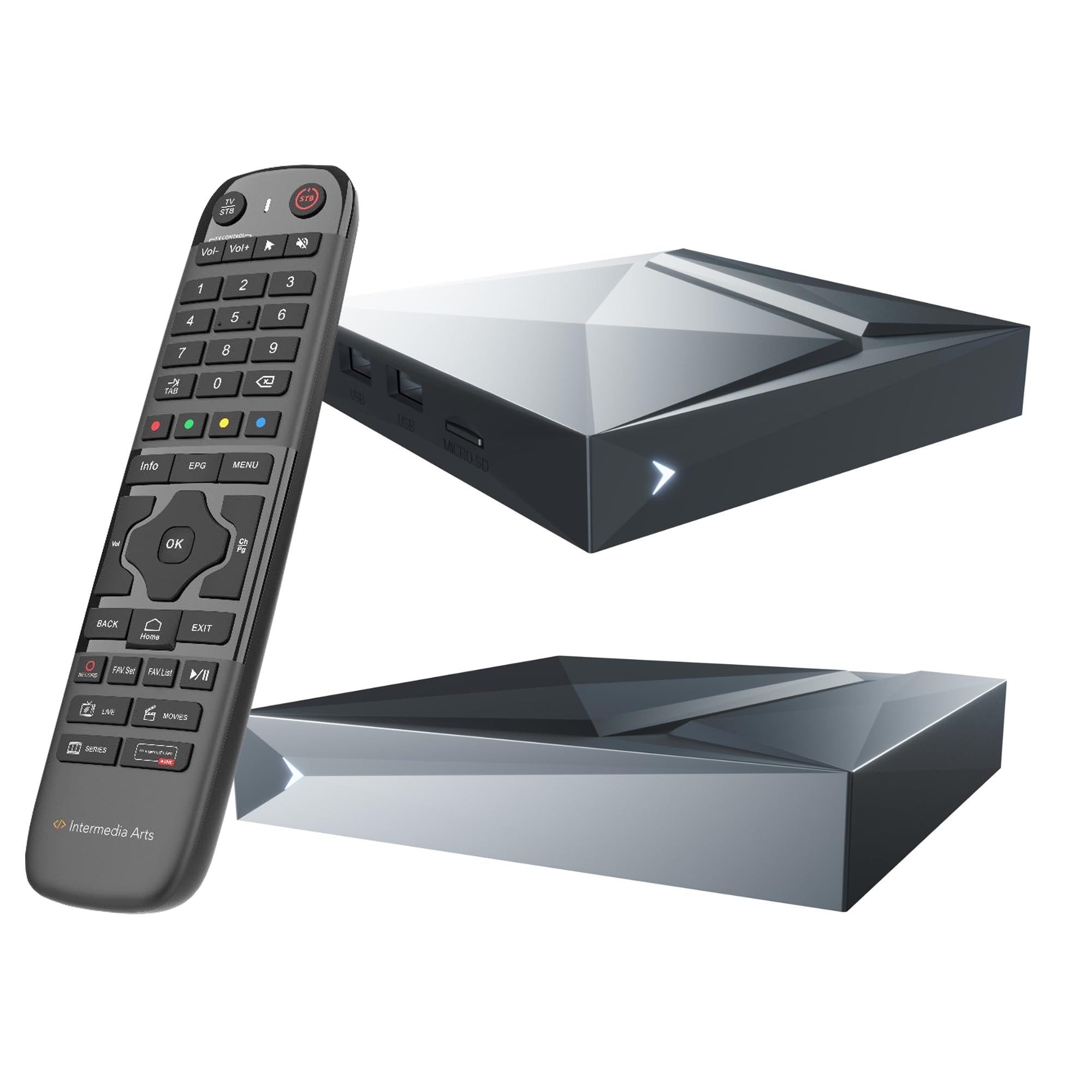 Intermedia Arts V12 Android 11 Box 4K UHD, Quad Core Arm Cortex 2.0 GHz, 2GB RAM, 16GB eMMC, BT 5.1, Gigabit LAN, 5G WLAN, télécommande BT, H. 265, Widevine L1, Arm G31 MP2 GPU, HTS e-com câble HDMI