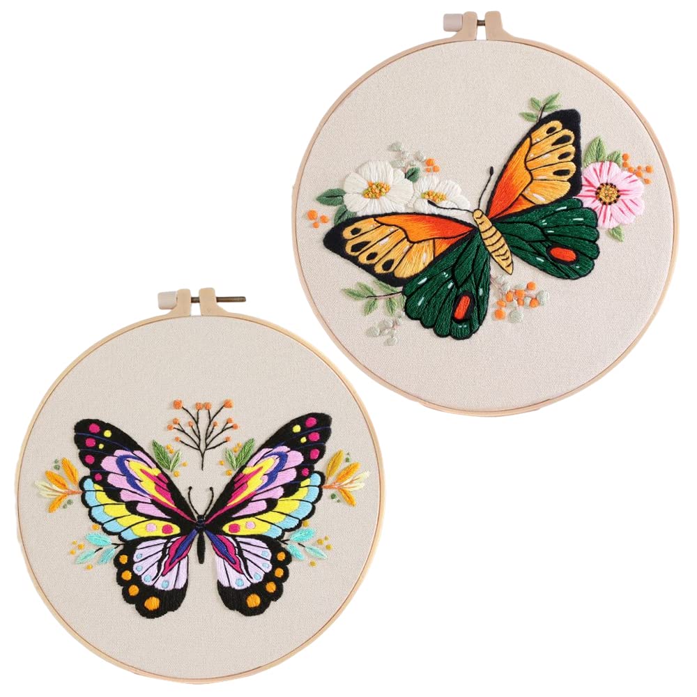 2 Pack Butterflies DIY Embroidery Kit with Embroidery Cloth,Needles and Threads,Plastic Hoop,Instructions Crafts Cross Stitch Kits for Beginners Handmade Needlepoint Kits for Adults Kids