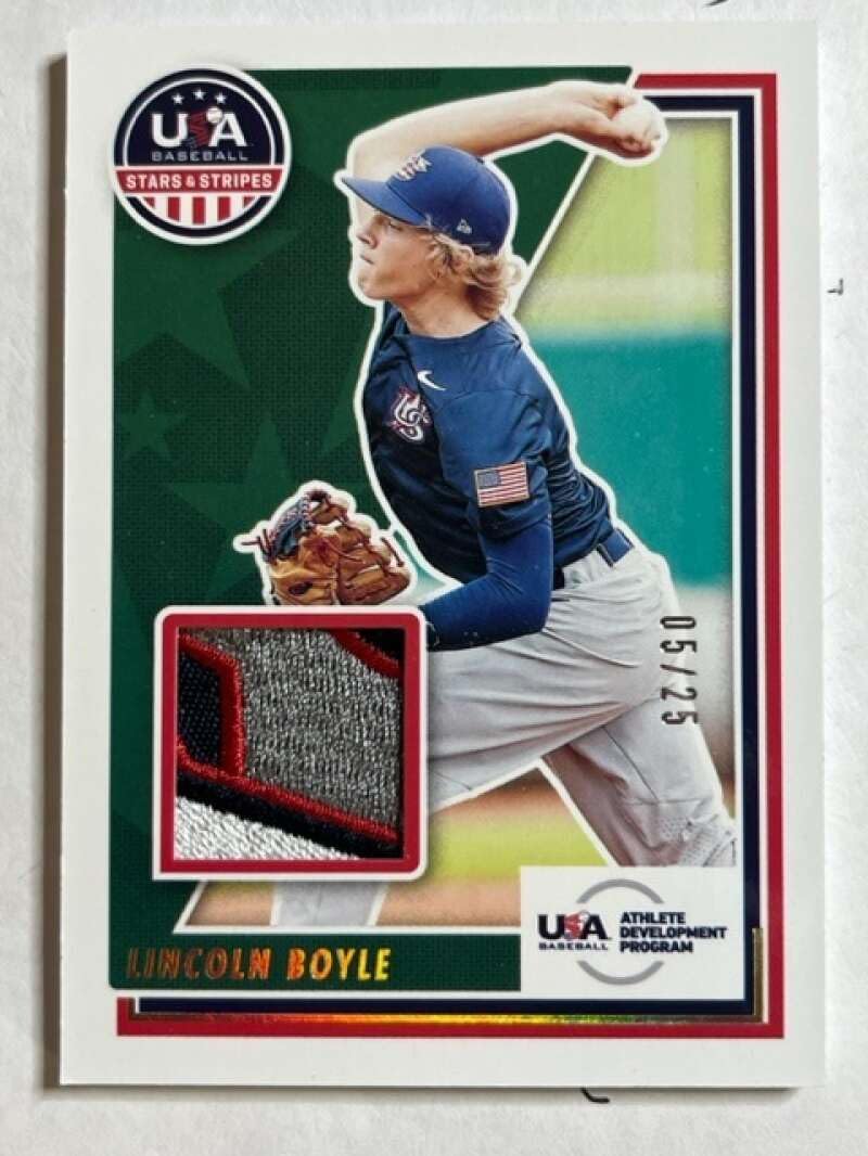 2022 Panini Stars and Stripes USA BB Materials Prime #48 Lincoln Boyle Jersey/Relic SER/25 Athlete Development Program Official USA Baseball Card in Raw (NM or Better) Condition