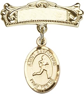 14kt Yellow Gold Baby Badge with St. Sebastian/Track & Field Charm and Arched Polished Badge Pin 7/8 X 3/4 inches