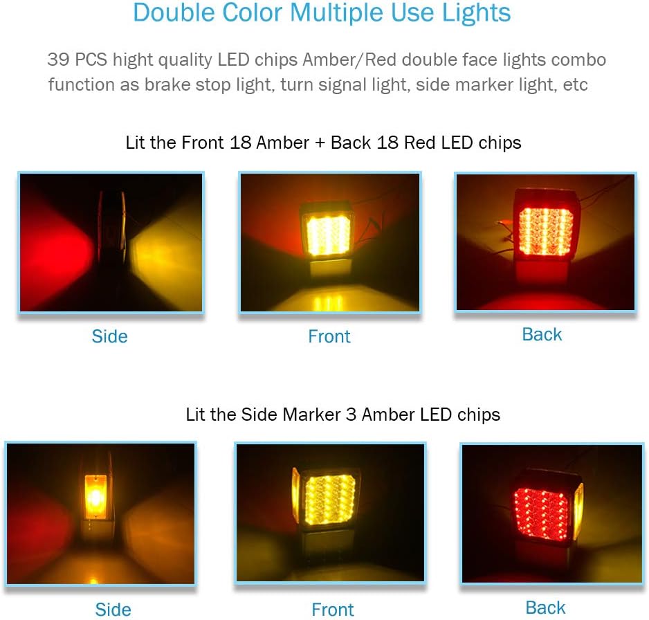 LED Pedestal Lights Amber/Red Double Face 39 LED Turn Signal Light stud mount fender lights for Heavy Truck Trailer Freightline Peterbilt Kenworth Mack Western Star (Driver/Passenger Sides, pack of 2)