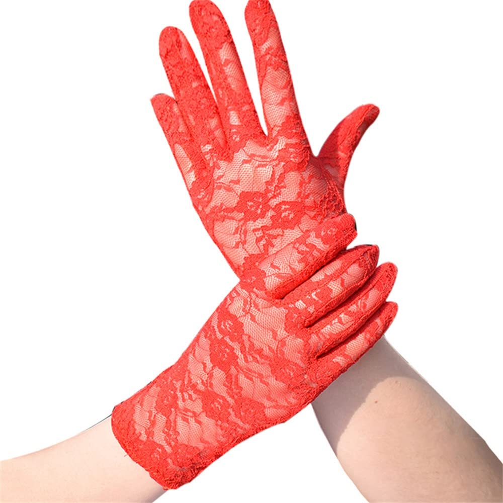 Sepkus Guantes Elegantes Manoplas elásticas Florales Finas Guantes de Tul Cortos de Encaje Sexy para Mujer Transpirables (Rosso 22x9,5 cm)