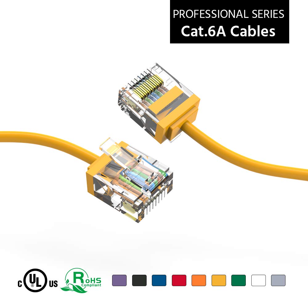 Ultra Slim Cat6A Cable 7 FT (100 Pack) Networking, Super Slim CAT 6 Ethernet Patch Cord, 10Gigabit Super Thin RJ45 Connector Internet Cable for PC, Mac, Laptop, PS5, PS4, Xbox - Yellow