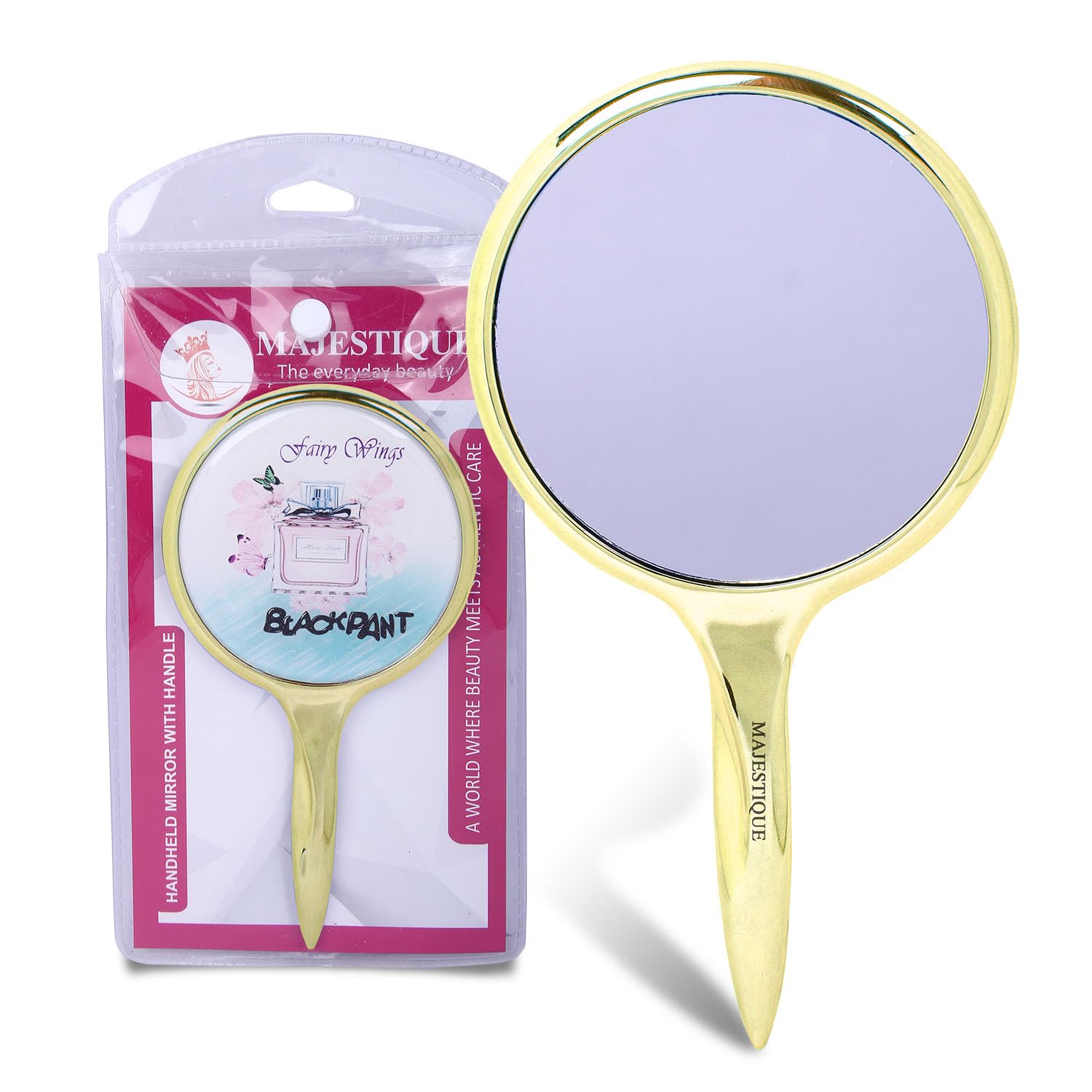 MAJESTIQUE Round Shape Clear Glass Handy Mirror – Medium Size Hand Mirror (14.2 x 7.8 Cm) for Travel, Bathroom, Desk, Makeup, Beauty, Grooming, Shavin for Girls Women and Men (Gold)-image-4