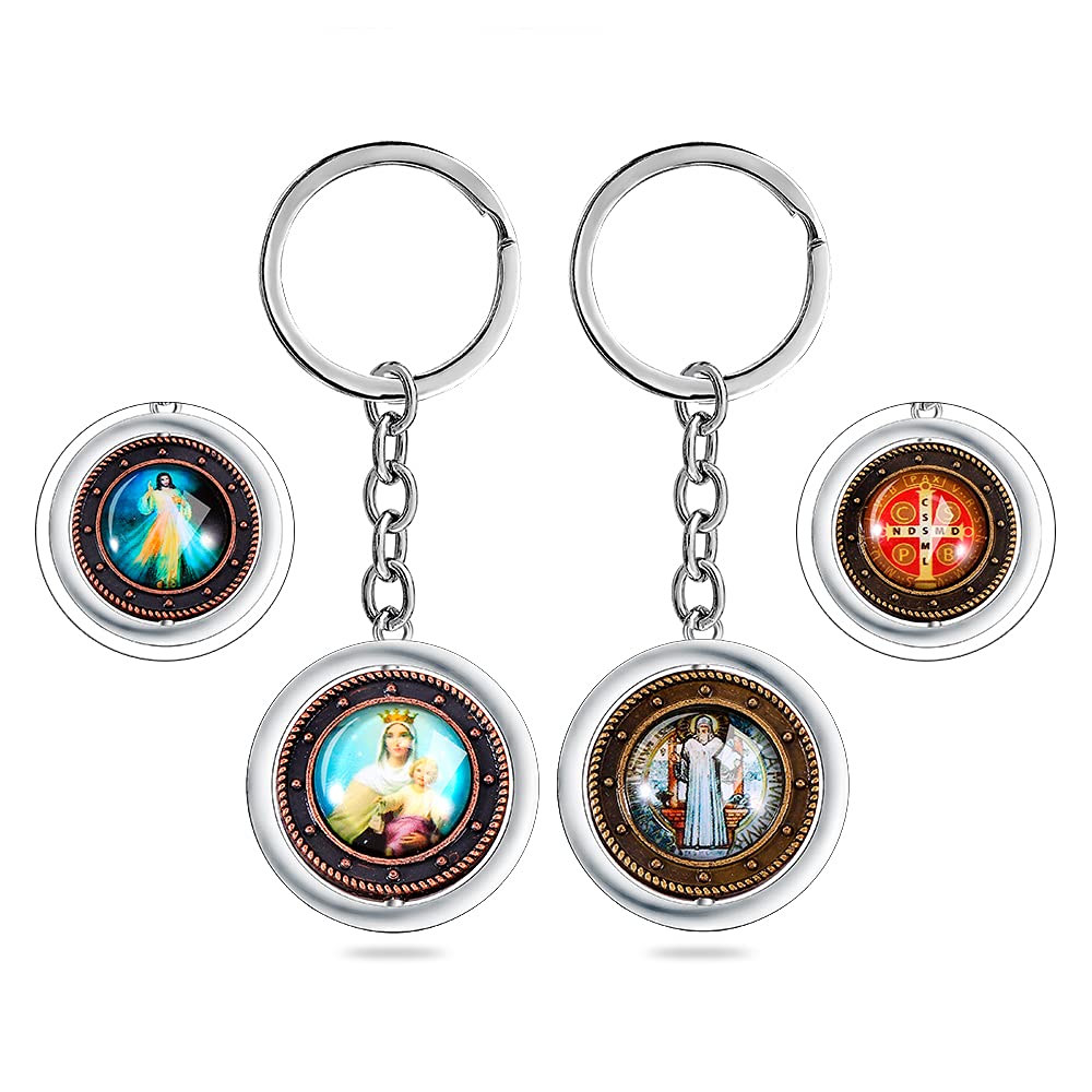 2Pcs Saint Benedict Medal and Virgin Mary Keychain, Christian Key Ring Keychain Key Chain, Fine Detail Great Gift for Family Friend