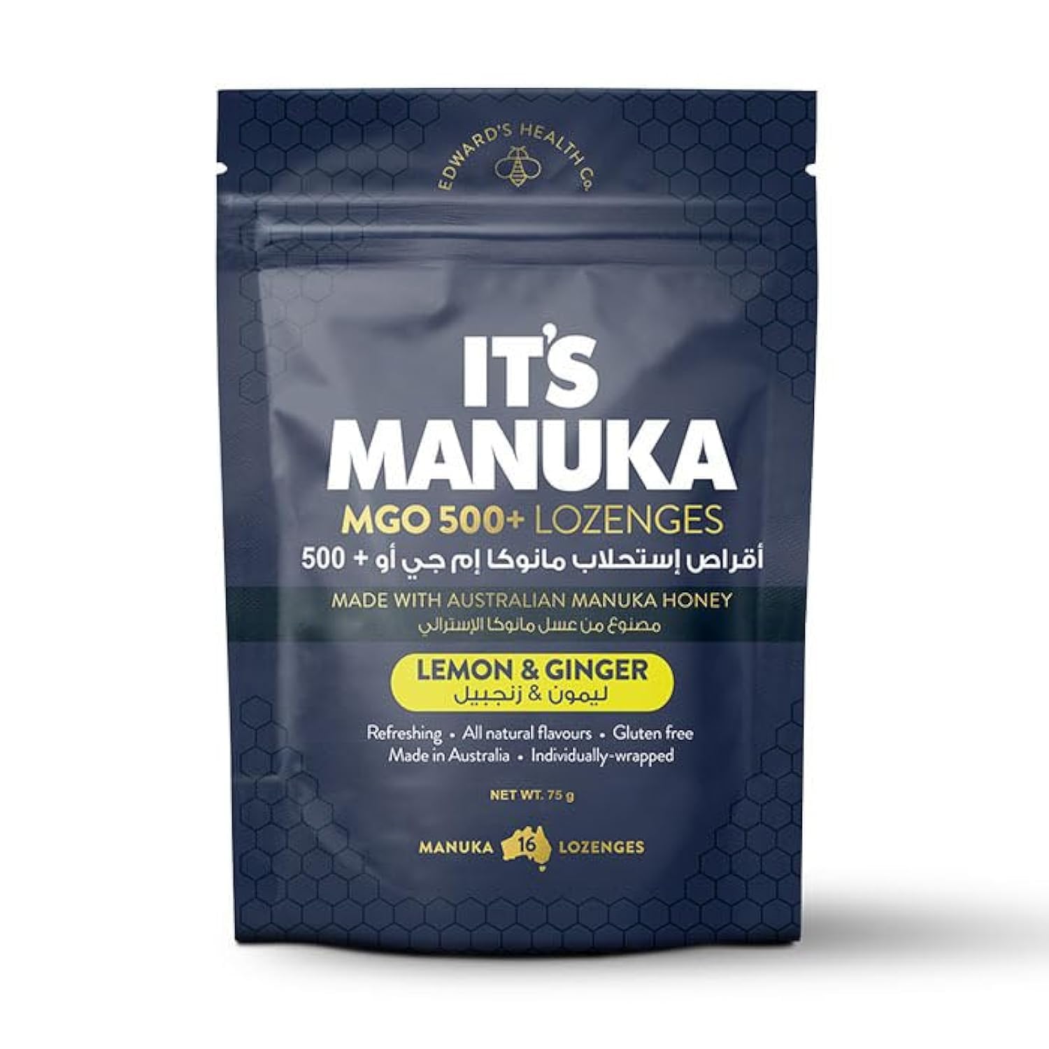 MGO 500+ Lemon & Ginger Lozenges | Refreshing For Throat | All-Natural Made With Australian Manuka Honey | 16 Lozenges