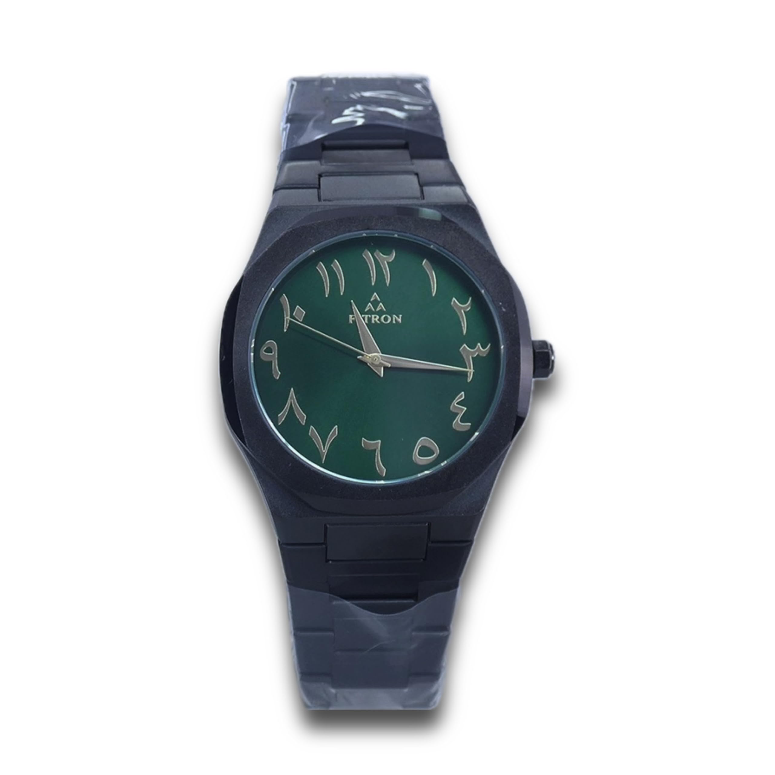 GenericFitron Black Men's Wrist Watch, Green Dial, with Gold Arabic Numbers, Stainless Steel Bracelet
