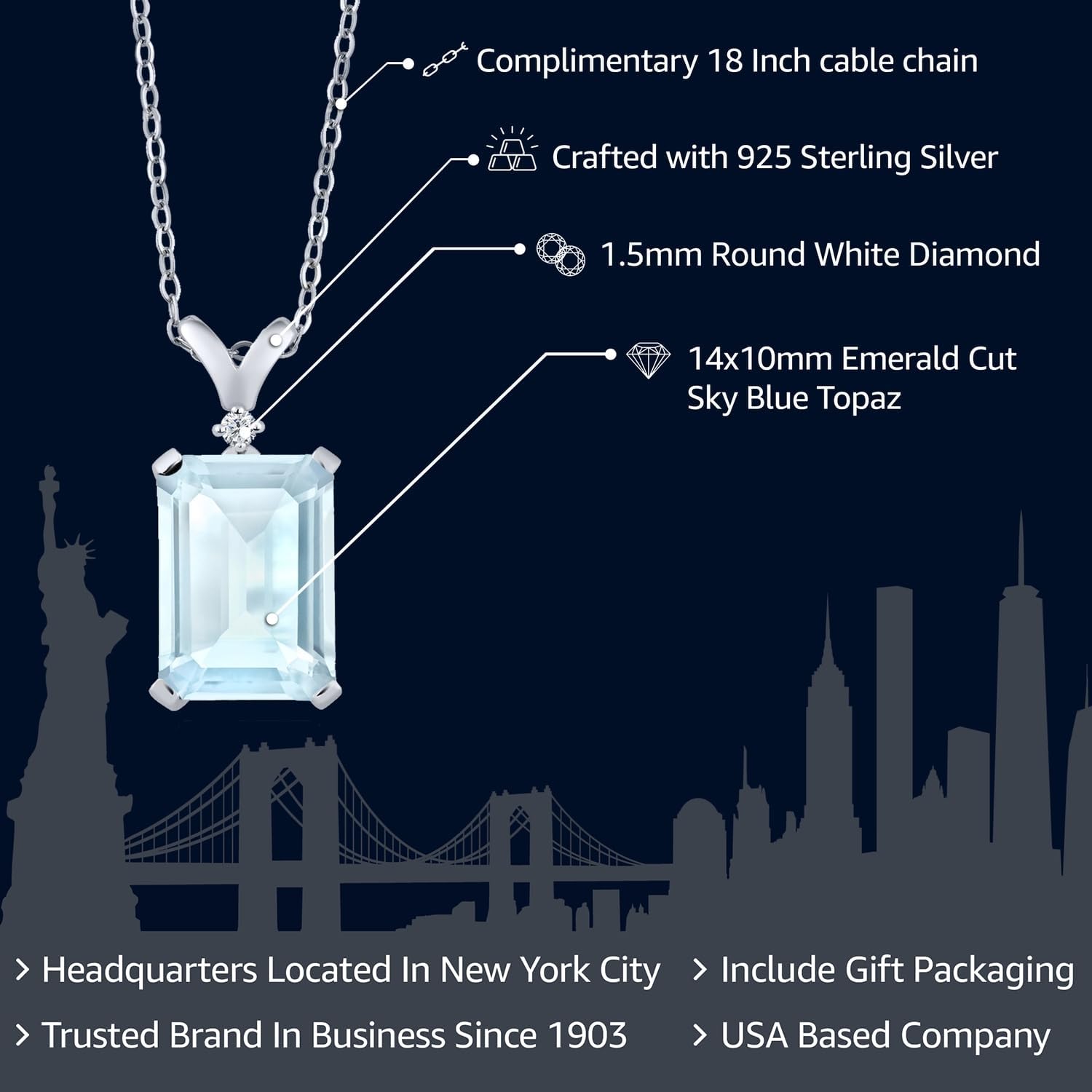 Gem Stone King 5-10 Cttw Gemstone Birthstone and White Diamond Pendant Necklace for Women | 925 Sterling Silver | Emerald Cut 14X10MM | Includes 18 Inch Chain | Fine Jewelry for Her Mom Wife - Image 5