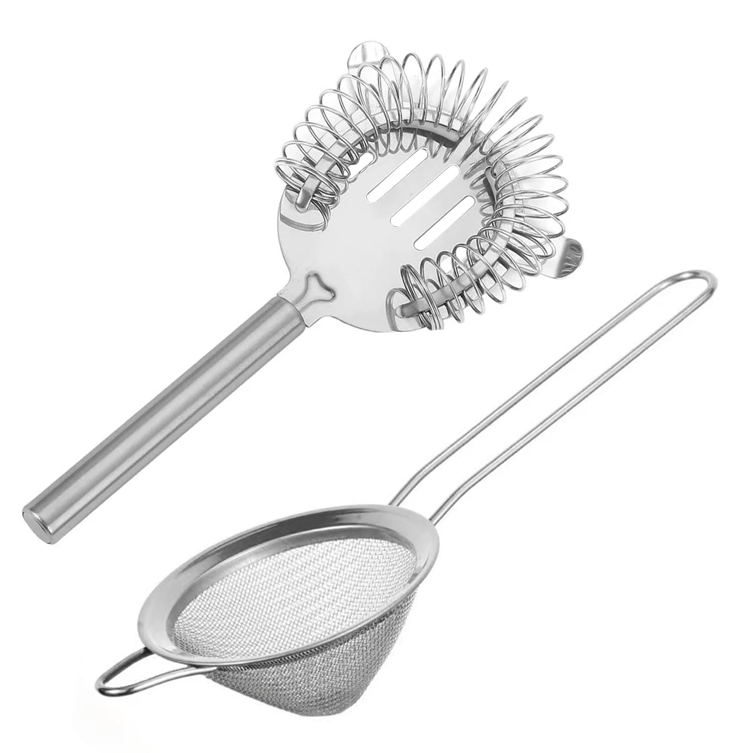 Colador de cóctel de 2 piezas, malla fina y colador de mango, acero inoxidable plateado, 7.4 pulgadas