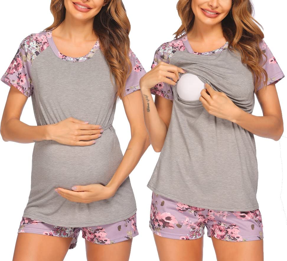 Image of Ekouaer Maternity Pajamas Set Breastfeeding Clothes Summer Pregnancy Nursing Sleepwear (Pink Floral L)