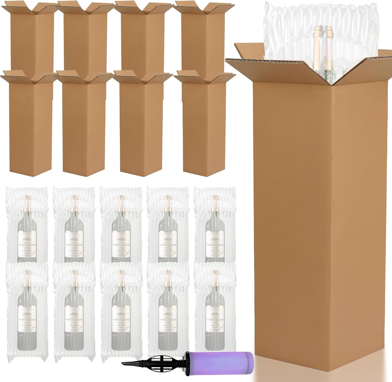 Set di 25 scatole per la spedizione di vino, 13 x 13 x 38 cm, scatole di cartone per bottiglie di vino, sacchetti protettivi e pompa, per spedizioni, viaggi, traslochi, sicurezza di bottiglie di vetro