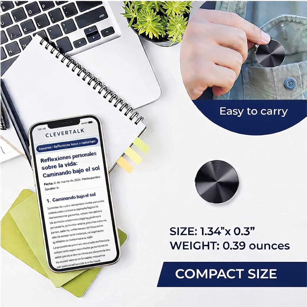 CleverTalk Q37 64GB Mini Grabadora de Voz con IA, Transcripcion Automatica y Traduccion 100+ Idiomas, Activacion por Voz, Reduccion Ruido HD, Configuracion por App, Compatible Android iPhone Mac PC
