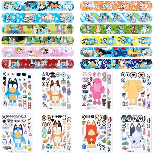 Juego de 28 piezas de regalo de cumpleaños para niños, color azul y con 16 pegatinas para manualidades, 12 pulseras de chupito para regalo de cumpleaños para niños, decoración de fiestas, accesorios
