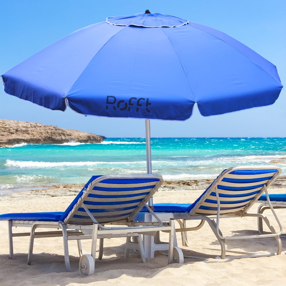 ROFFT 7.8 Ft Heavy Duty Beach Umbrella with sand anchor & Tilt, Steel & Aluminum Pole, UV 50 protection, Air vents, Windproof Sunshade with reinforced ribs, carry bag and premium silver coated