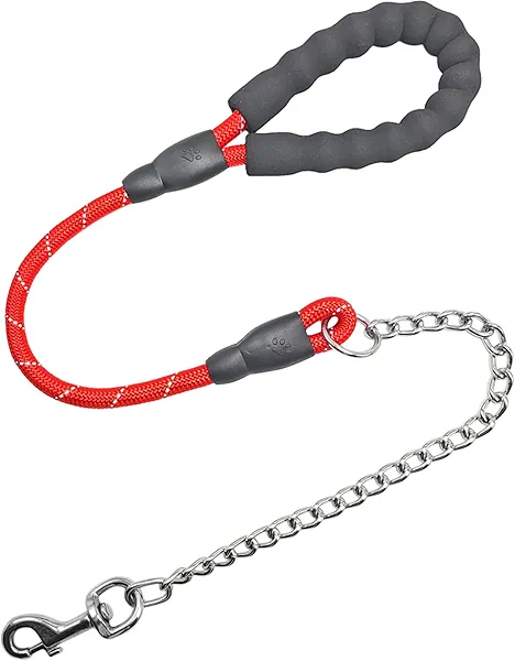 SEPXUFORE Chewproof Dog Leash, 3 FT * 1/2" Strong Nylon Rope, Heavy Duty Anti-Chewing Chain with Padded Handle Great for Medium and Large Dogs (red)