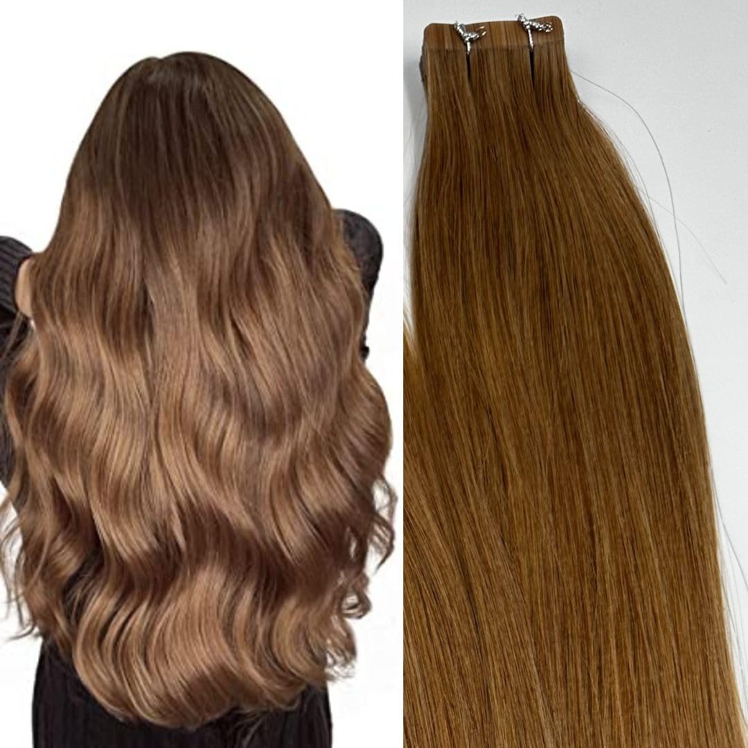 NOVA DONNA Tape In Human Hair Extensions 24 Inch, Remy Seamless Natural Straight Hair, Thick Salon Quality, 20pcs 50g (Medium Light Brown #06)