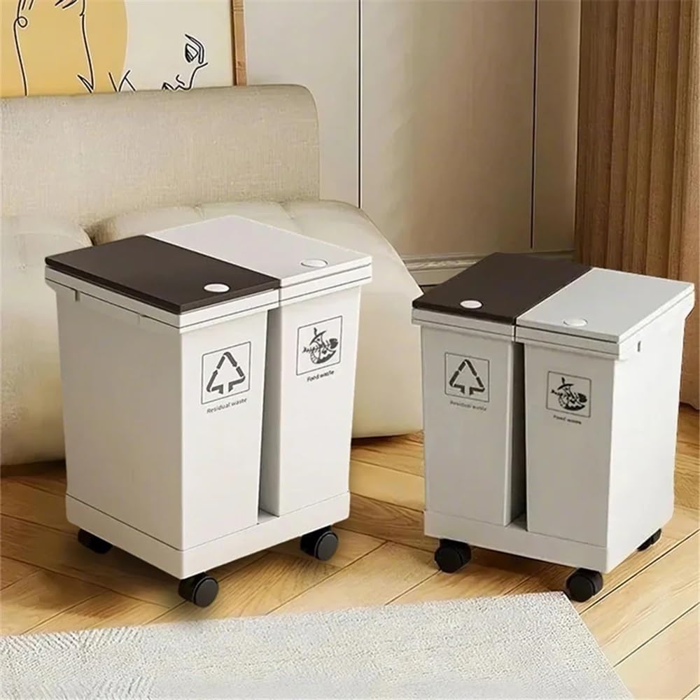 Papelera de cocina, papelera de reciclaje con ruedas, separación de residuos secos y húmedos, tipo empuje Papelera(36L)