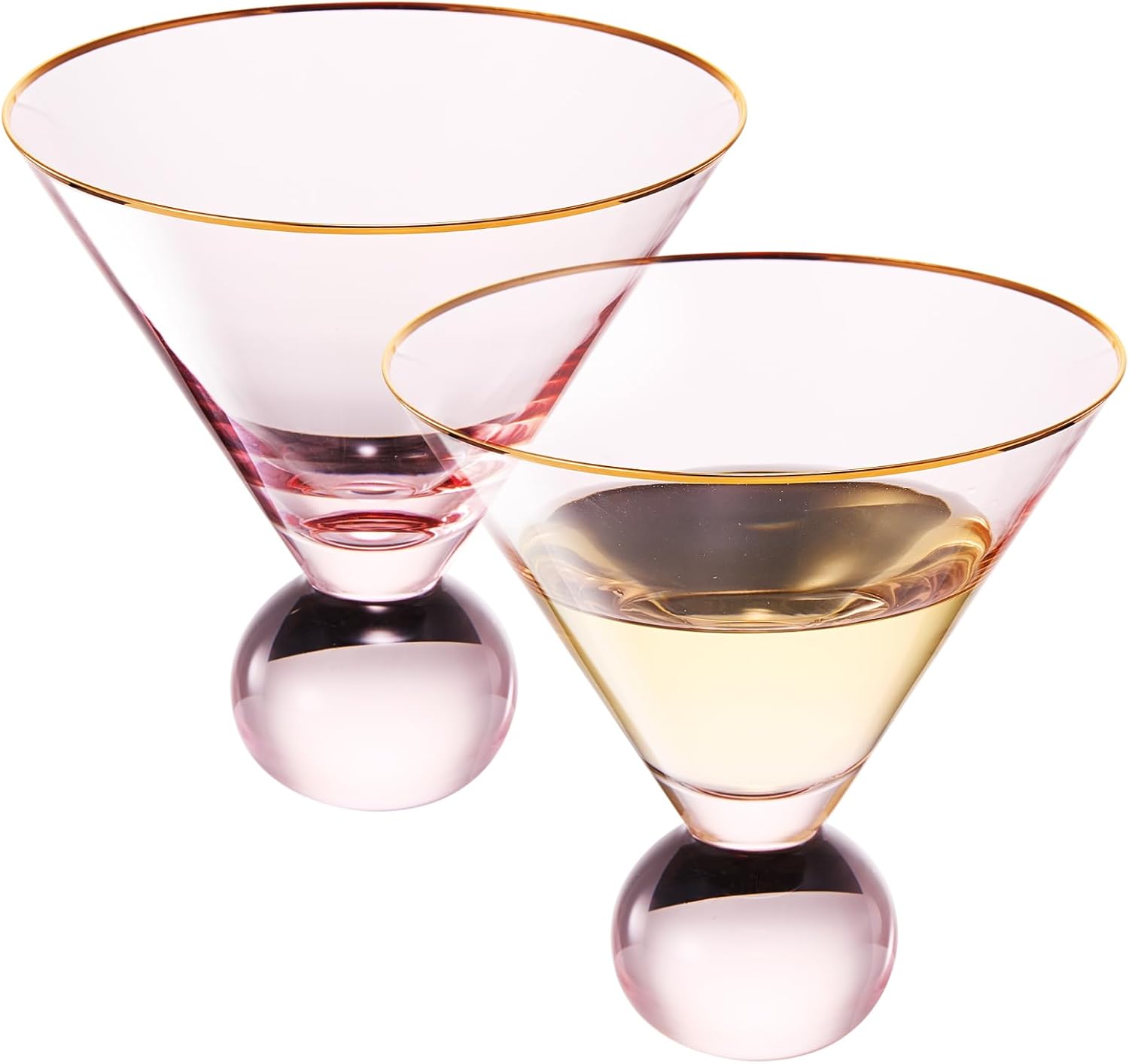 Stemless Blush Pink Martini Glasses | Set of 2 | Unique Bubble Modern Cocktail Glassware, Vintage Muted Colored Stemless Crystal Ball Base, For Martini, Cosmopolitan - (10.5 OZ)