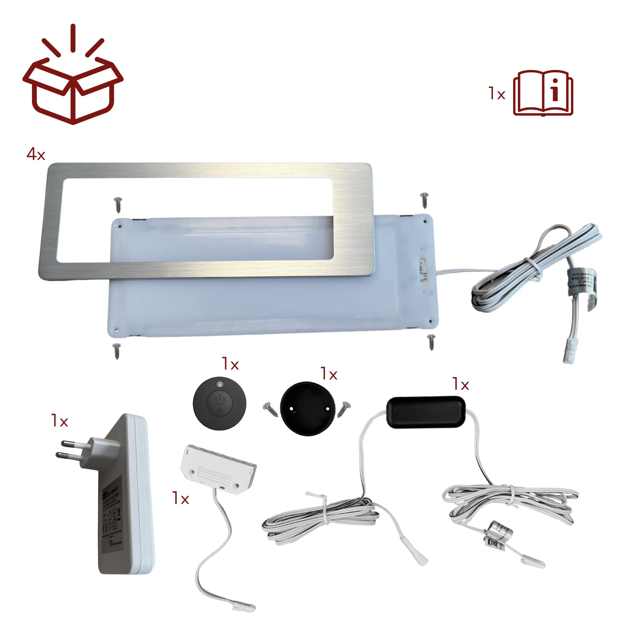 kalb | TooFlatXL LED Unterbauleuchten 1-4er Set mit MonoDot Funkschalter 12V 7W ultraflach 4mm mit XL Lichtfeld 155x55mm Plug&Play mit Netzteil Edelstahl gebürstet 3000K 4000K (4, Neutralweiß)